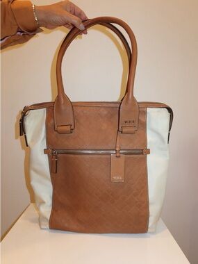 Tumi Ticon Tan Leather & Cream Canvas Tote with Front Zip Pocket